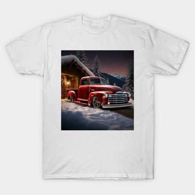 A festive red Christmas-themed Chevy 3100 T-Shirt by Spearhead Ink